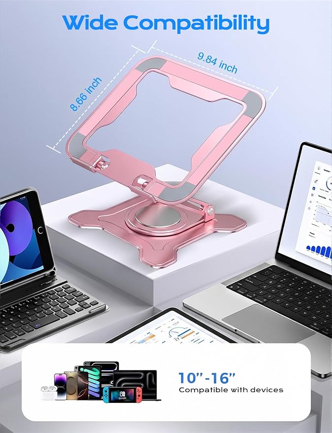 JCZT Adjustable Laptop Stand for Desk, 360° Rotating Base Ergonomic Computer Stand, Laptop Riser Foldable Protable for Office Home Fits Compatible with MacBook Pro/Air Notebook up to 10-16" Pink
