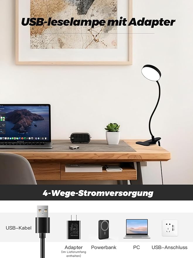 Clip on Light,10 RGB Colors&10 Brightness Clip on Lamp,500LM Bright Reading Light for Bed,Clip on Desk Lamp Reading Lamp with USB Adapte for Bed/Headboard/Bedside/Desk/Puzzle/Craft