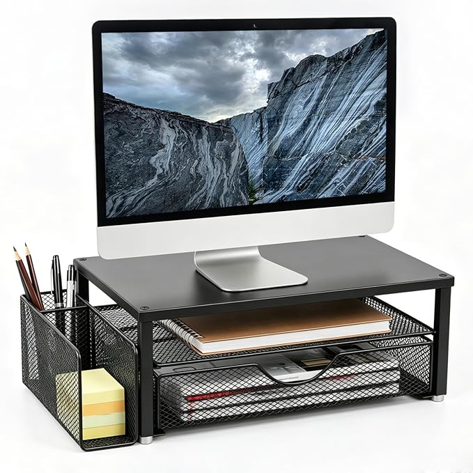 Spacrea Desk Organizer and Accessories, Computer Monitor Stand Riser with Drawer and 1 Open Pen Holder, Printer & Laptop Stand, Office Desk Accessories for Home Office Supplies (Black)