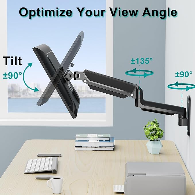 Monitor Wall Mount Fits 17-32 Inch Flat/Curved Computer Screens, Single Arm Holds up to 19.8lbs, Height Adjustable Gas Spring Wall Monitor Stand Tilt, VESA Mount 75x75/100x100