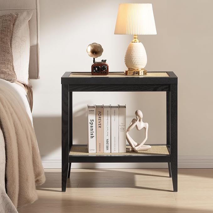 SICOTAS Rattan Nightstands Set of 2 - Boho Shelf Bedside Tables Narrow End Table Living Room Set of 2 Side Table with Rattan Storage Shelves for Small Space - Black Oak