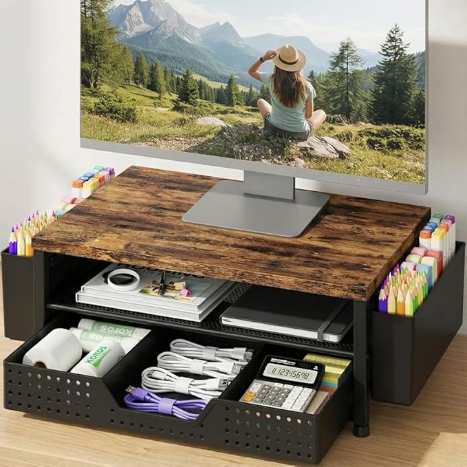 LEKETREE Wood Desk Organizer, 2-Tier Computer Monitor Stand Riser with Storage Drawer and 2 Pen Holders, Laptop & Printer Stand, Shelf for Top of Desk (Rustic Brown)