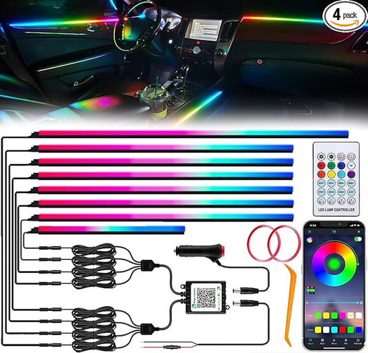 Interior Car LED Strip Lights, Acrylic LED Lights for Car with Dynamic Dreamcolor Chasing, Ambient Lighting Kits Music Sync Wireless APP and RF Remote Control (8 in 1)