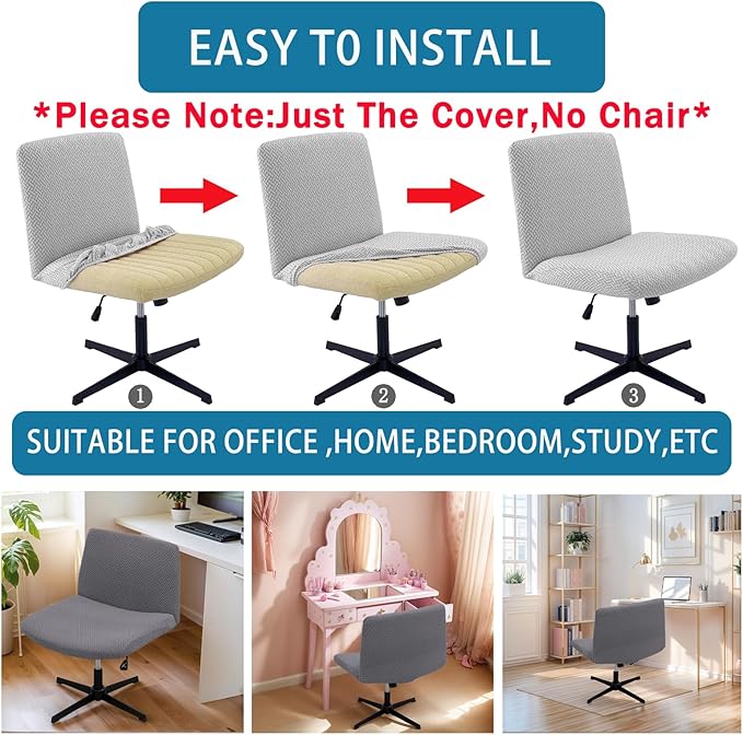 Vanity Chair Cover Criss Cross Chair Cover Elastic Armless Chair Slipcover Armless Chair Covers Office Chair Covers (Grey,Just The Cover,No Chair)