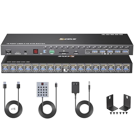 16 Ports KVM Switch HDMI 4K@60Hz EDID Simulation,1U Rack Mount USB 3.0 HDMI KVM Switch for 16 Computers/Servers, with 6 USB3.0 Port,TF/SD,Audio RS232, Wired Remote & 12V Power + 16 USB Cable Included