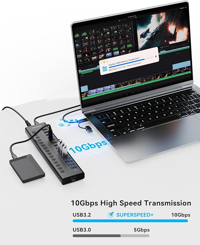 Powered USB Hub 3.2 Gen 2, VANGREE 16 Ports USB Hub (8 USB-A 3.2+8 USB-C 3.2), 10Gbps Aluminum Multiport Expansion Hub with 96W Power Adapter for PC Laptop HDD SSD Flash Drive