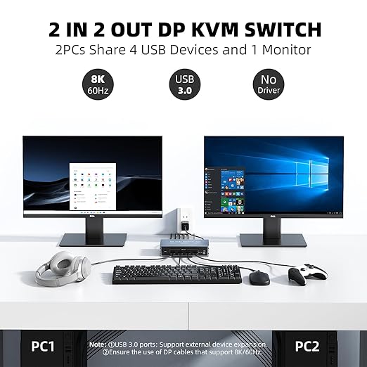 4K@120Hz Kvm Switch 2 Monitors 2 Computers 8K@60Hz DP Displayport Dual Monitor KVM Switches, 4 USB3.0 Ports for 2 PC Share Mouse Keyboard and 2 Screens Support PoC EDID Button Switch Plug and Play