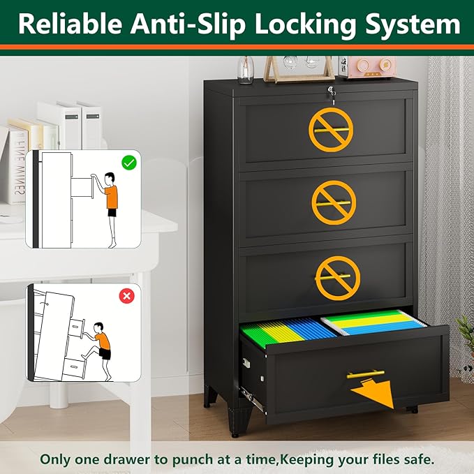 winiowa 4 Drawer File Cabinet, Metal Lateral File Cabinet with Lock, Locking Filing Cabinets for Home Office,Wide Office Storage Cabinet for Hanging Files Letter/Legal/F4/A4 Size (Black, 4-Drawer)