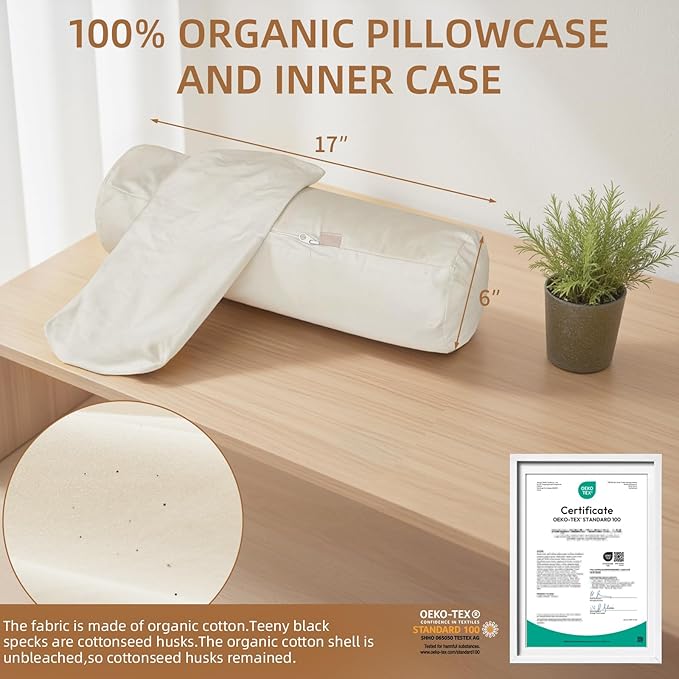 Buckwheat Pillow - Adjustable Buckwheat neck Pillow(17x6) to Provide Firm Support, Neck Roll Pillows for Side and Back Sleepers, Cylinder Bolster Pillows with Organic Pillowcase