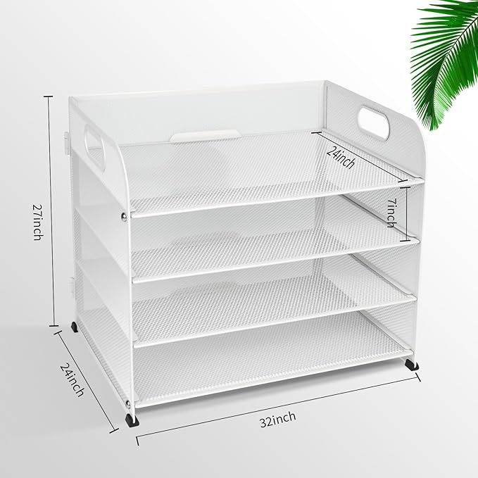 4-Tier Paper Letter Tray Organizer, Mesh Desk Accessories & Workspace Organizers with Handle, File Sorter Office Supplies for Desk,White