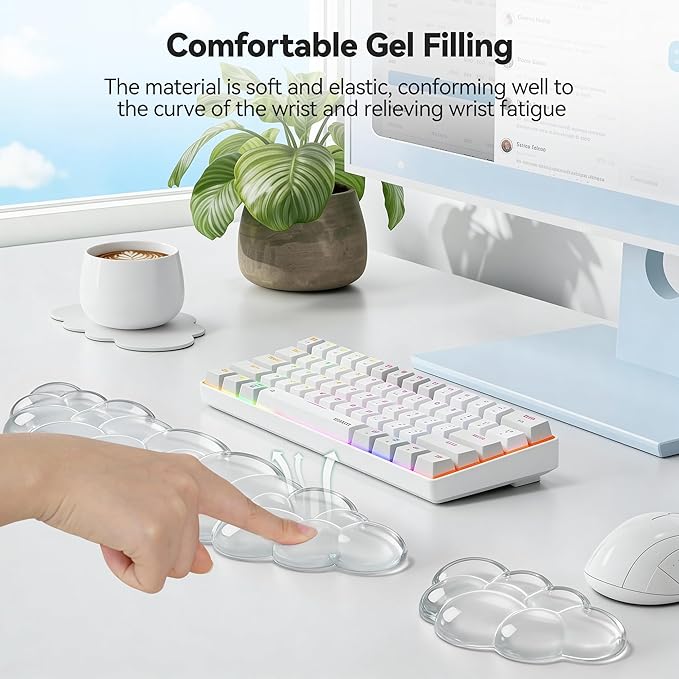 TECKNET Cloud Keyboard Wrist Rest Set, Cloud Wrist Rest with Non-Slip Base, PU Leather Wrist Pad for Keyboard with Ergonomic Memory Foam for Computer Laptop (Cloud Shape, Transparent)