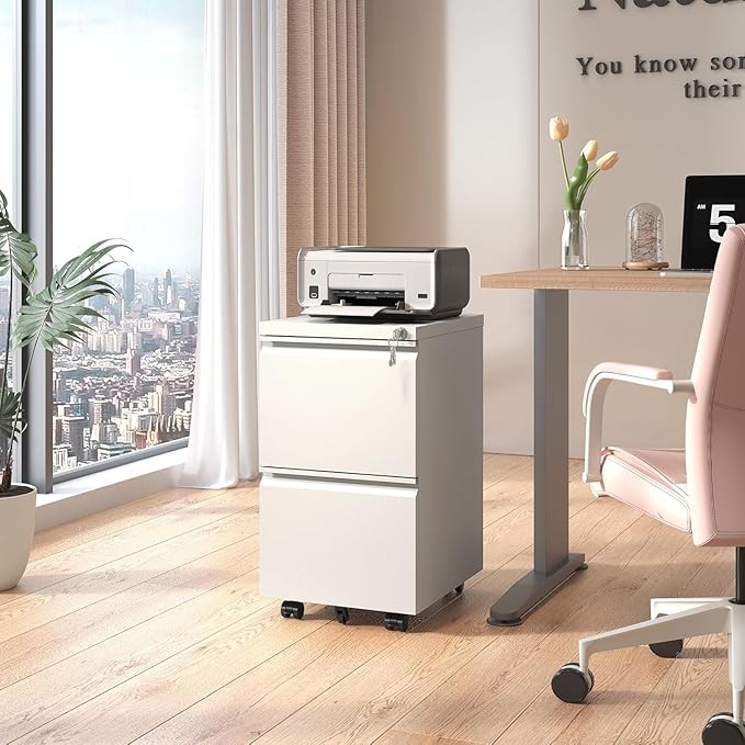 Guizeeopo 2 Drawer Locking File Cabinet, Fully Assembled Heavy-Duty Metal Filing Cabinets for Home Office, Quiet Slides, Anti-Tipping Wheels, Fits A4/Letter/Legal, Matte White