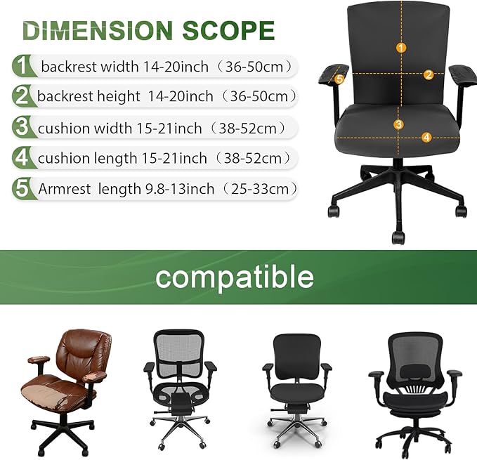 Tallew 4 Pcs Office Chair Covers Set Computer Universal Protective Stretchable Chair Seat Covers Desk Armrest Cover Pads Office Cushion Backrest for Rotating(Regular,Dark Grey)