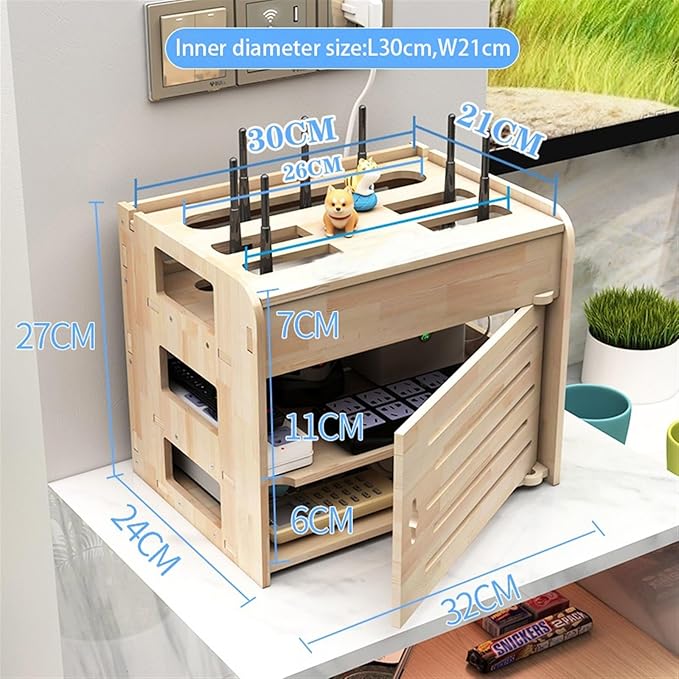 Cable Organizer Box Solid Wood Router Storage Box Wall-Mounted WiFi cat Plug-in Wire Board Placement Shelf Desktop Set-top Box Rack Cable Management Box (Size : L)