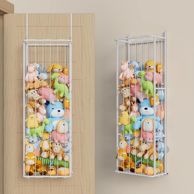 SWTYMIKI Hanging Stuffed Animal Storage - Over Door Large Plush Toy Organizer, Wall Mounted or Corner Stuffie Storage for Nursery, Doll & Bear Plush Organizer for Kid Room Bedroom (White, 3-Tier)