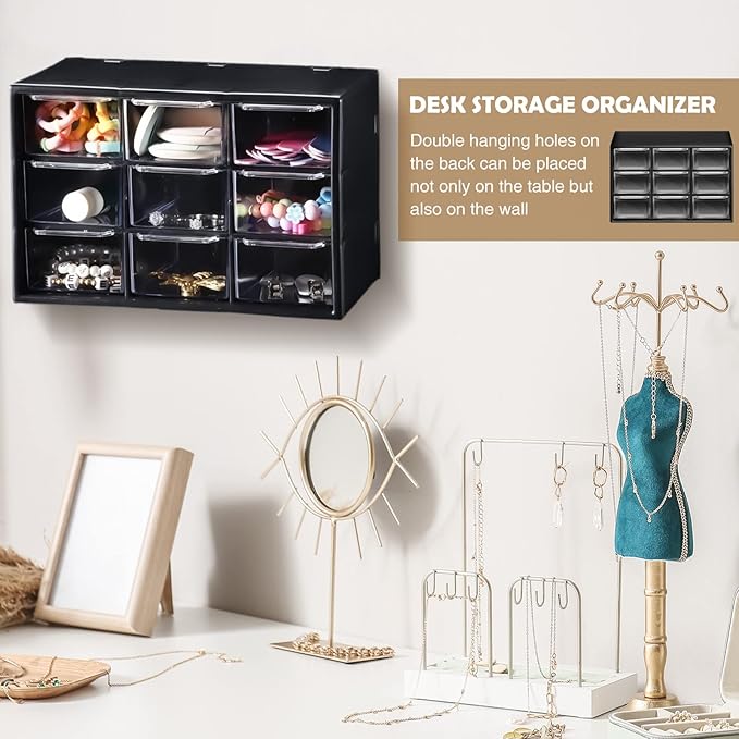Rtteri 9 Pieces Mini Drawer Organizer Plastic Desktop Storage Box Desk Craft Organizer with 9 Clear Drawers for Office Home Jewelry Small Parts Belongings Cosmetics Collection, Wall Mounted (Black)