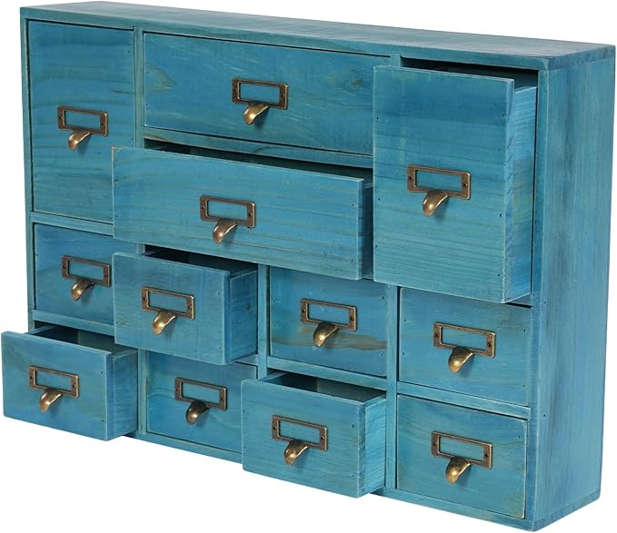 Vintage Desktop Apothecary Cabinet with 12 Drawers,Wood Desktop Organizers Stackable Drawers Desktop Chest Drawer for Herb Storage,Tea Collection,Stationery (12 Drawers,Blue)