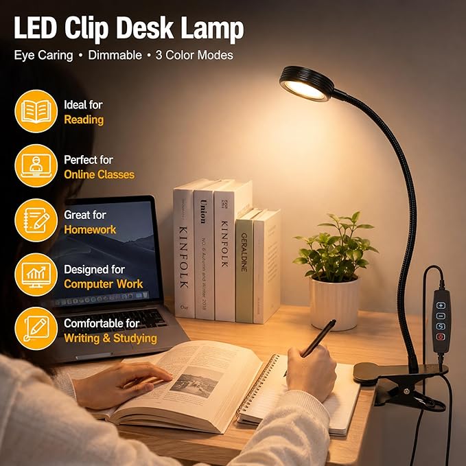 USB Clip-On Desk Lamp with 3 Color Modes, Adjustable Brightness, Gooseneck, 1 Minute Timer, Book Light for Reading Book in Bed at Night Clip on Table, headboard, Dorm, (Warm+Cool White, 8W)