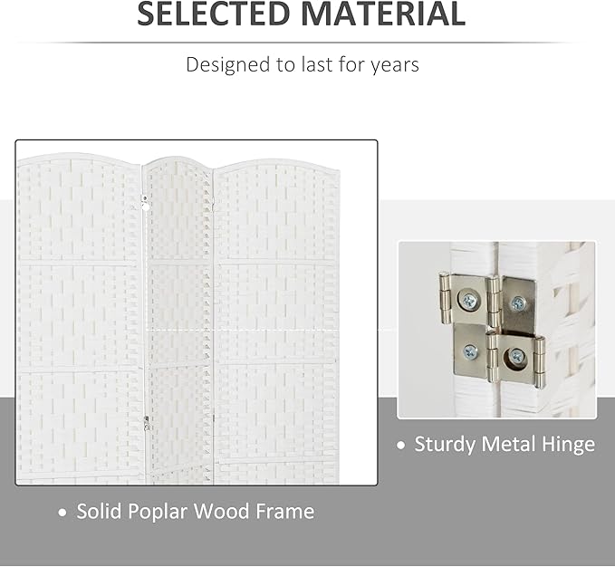 HOMCOM Room Divider 4 Panel, 6FT Tall Folding Privacy Screen, Freestanding Hand-Woven Partition for Room Separation with 360° Hinges, Paper Rope Diamond Weave, White