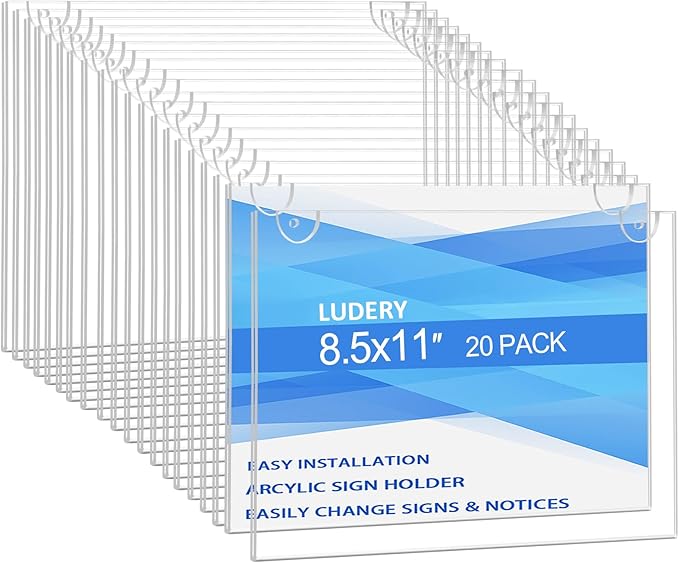 Acrylic Sign Holder 11x8.5 Horizontal, Wall Mount Document Holder, Clear Plastic Picture Frame with Tape Adhesive and Screws for Office, Home, Store, Restaurant - 20 Pack
