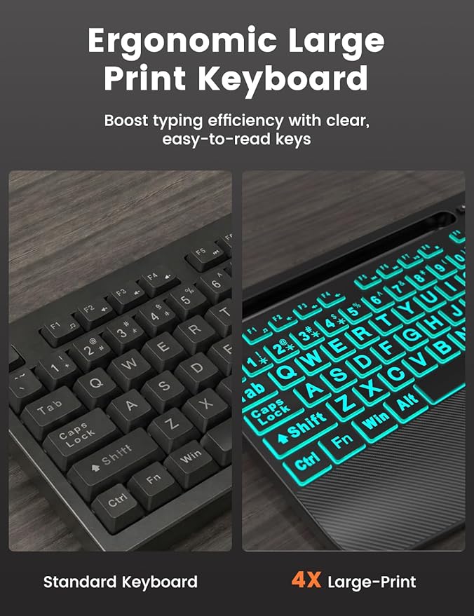 SABLUTE KM21Pro Wired Keyboard Mouse Combo - Large Print Backlit, Ergonomic Wrist Rest, 6 DPI RGB for PC/Windows - Ideal for Seniors, Students, Office and Home