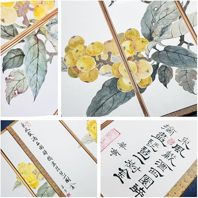 Hand-Painted Chinese Folding Screen - Traditional Oriental Partition with Bird & Loquat Pattern Mini Room Divider, Desktop Privacy Panel, (35x56cm) Symbolizing Happiness (Loquat)