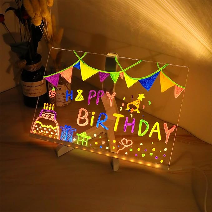 Acrylic Dry Erase Board with Light 12 * 8”, LED Note Board with Colors, as a Glow Memo LED Letter Message Board Note Glass Led Board White Board with 7 Colors Pen