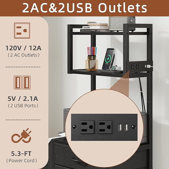 HIGDBFE Small 3 Drawer File Cabinet with Charging Station, 45''H, 3-Tier Filing Cabinet for Home Office, 11''*16'' for Small Printer, Fabric Drawer Fits Letter/A4, Tall Printer Stand, Black
