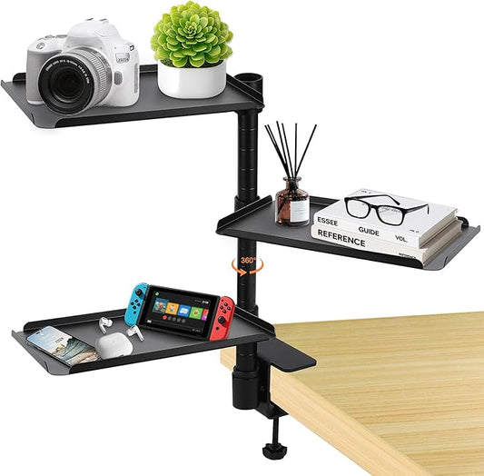 3 Tier Clamp On Desk Shelf,360° Rotatable Adjustable Above or Under Desktop Organizer,Carbon Steel Storage Tray for Home Office and Gaming Accessories（Black）