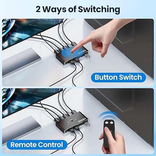 HDMI KVM Switch 2 Computers 1 Monitor 4K 60Hz, 2 Port USB HDMI Switcher with 4 USB Ports, Remote Control, KVM for Laptop PC Keyboard Mouse Printer, Compact Work from Home Tool