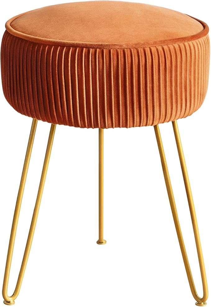 LUE BONA Pleated Vanity Stool, Velvet Upholstered Vanity Stool for Makeup Room, Round Mondern Stool for Vanity, Ottoman Footrest Stool with Metal Legs for Living Room, Bedroom, Pumpkin Brown