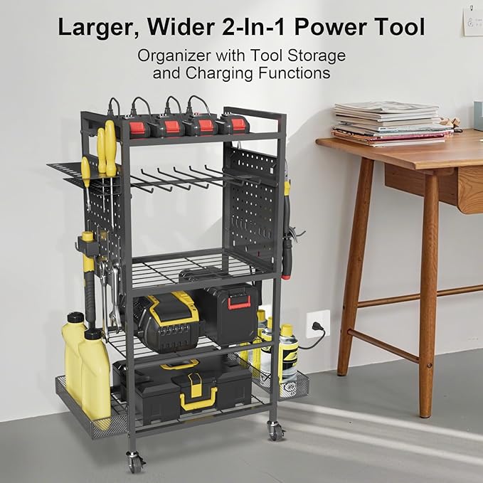 Power Tool Organizer Cart with Charging Station, Heavy Duty Garage Tool Organizer Rolling Tool Battery Storage with 8-Outlet Power Strip, 4 Wheels, 2 Hanging Baskets, 8 Hooks, Drill Bit Holder, Black
