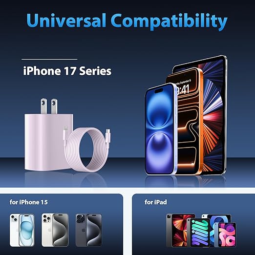Phone 17 16 15 Charger Fast Charging Type C Chargers USB C Fast Charger Block & Phones 17 Charger Cord 10FT Long USB C Charging Cable for i.Phone 17/17 Pro/17 Pro Max/Air/Phone 16 15 Pro Max,Purple