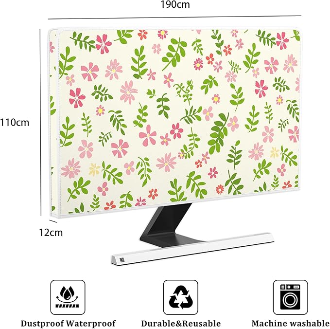 Aesthetic Floral Waterproof Television Covers 80 Inch Cottagecore Botanical TV Screen Cover Dust-Proof Anti-Scratch Anti-Static Protective for LED LCD OLED TVs，Green and Pink Flowers