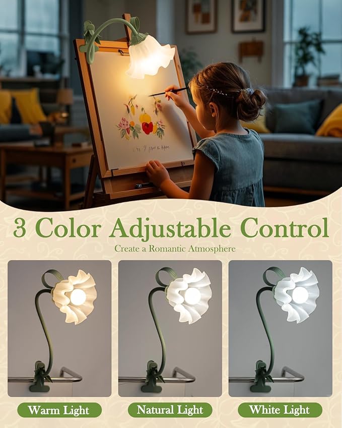 WERFOP Flower Lamp Clip on Light, 3 Color Modes Eye-Caring Desk Lamp with Clamp, Dorm Room Essentials, Flexible Neck Reading Clamp Lamps for College Bedside Bookshelf Studying Room (Green)
