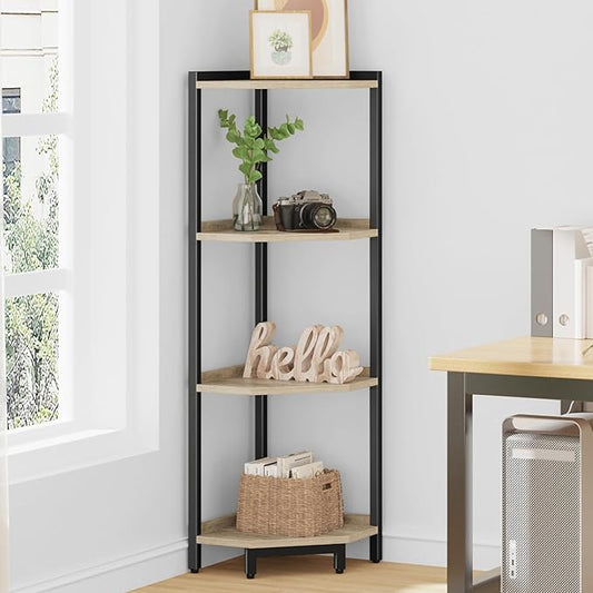Hzuaneri Corner Shelf Stand, Corner Bookshelf, Storage Standing Shelf Unit with Metal Frame, Plant Stand, Bookcase for Living Room, Home Office, Bedroom, 4-Tier Greige CS05805B