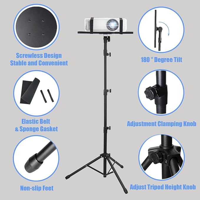 Kereal Laptop Projector Tripod Stand, Universal Portable Floor Holder Mount Stand for DJ Equipment,Office,Stage,Studio,Podium,Adjustable Height 25 to 50 Inch, with Tray and Gooseneck Phone Holder