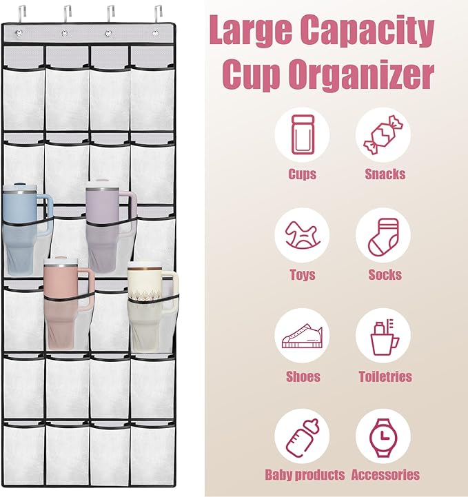 Cup Organizer for Stanley Cup, 24 Pockets Large Capacity Cups Holder for Stanley Tumbler, Portable Foldable Hanging Bag for Cabinet Wall Door RV, Kitchen Storage Accessories for Stanley Cup White
