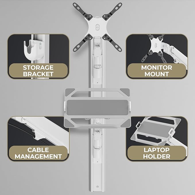 ZeboZap ZLTV8022 Wall Monitor Mount with Keyboard Tray | Fits 17 to 43 Inch | Single Monitor Wall Mount with Laptop Tray | Home Office, Bedside, Healthcare | White | 26.4 lbs
