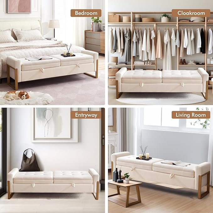 67" End of Bed Bench King Size, Velvet Storage Bench for Bedroom Foot of Bed, Double Lids Storage Bench with Golden Legs, Upholstered Ottoman Bench for Living Room Window Entryway, Cream