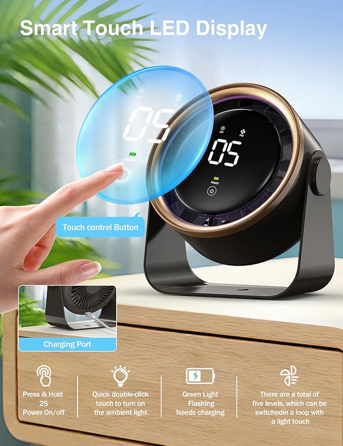 Small Desk Fan, Ultra-Quiet Desktop Air Circulator, Touch Screen Control, Multi-Speed Desktop Fan with LED Light, Quiet Table Fan for Bedroom