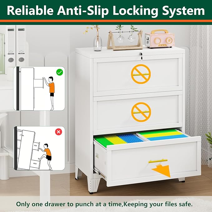 winiowa 3 Drawer File Cabinet, Metal Lateral File Cabinet with Lock, Locking Filing Cabinets for Home Office,Wide Office Storage Cabinet for Hanging Files Letter/Legal/F4/A4 Size (White, 3-Drawer)