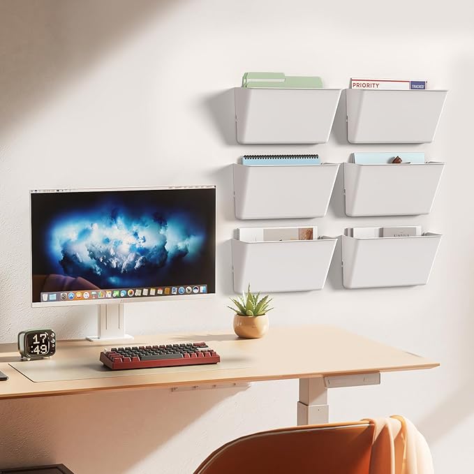 Gawerk Clear Acrylic Single Pocket, Plastic Hanging Wall Mount File Holder for Office Home (White, 6 Pack)