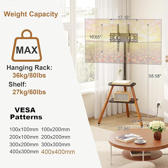 Tripod Easel TV Stand for 23-60 Inch TVs, Floor TV Stand with 2 Shelves and Cable Management for Bedroom/Living Room, Holds up to 80 lbs Adjustable Height Max VESA 400x400mm, Artistic Black Walnut