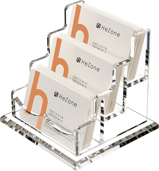 HeZone Business Card Holder for Desk 3 Slots 3 Tier, Clear Acrylic Cards Display Stand, Cards Organizer for Women and Men, Hold 150 Cards-Horizontal 3 Slots