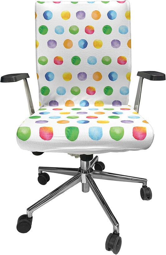 Ambesonne Watercolor Office Chair Cover, Abstract Brush Stroke Polka Dots Grunge Geometric Pattern Spotted Background, Stretchable Decorative Universal Size High Back Printed Slipcover, Green White