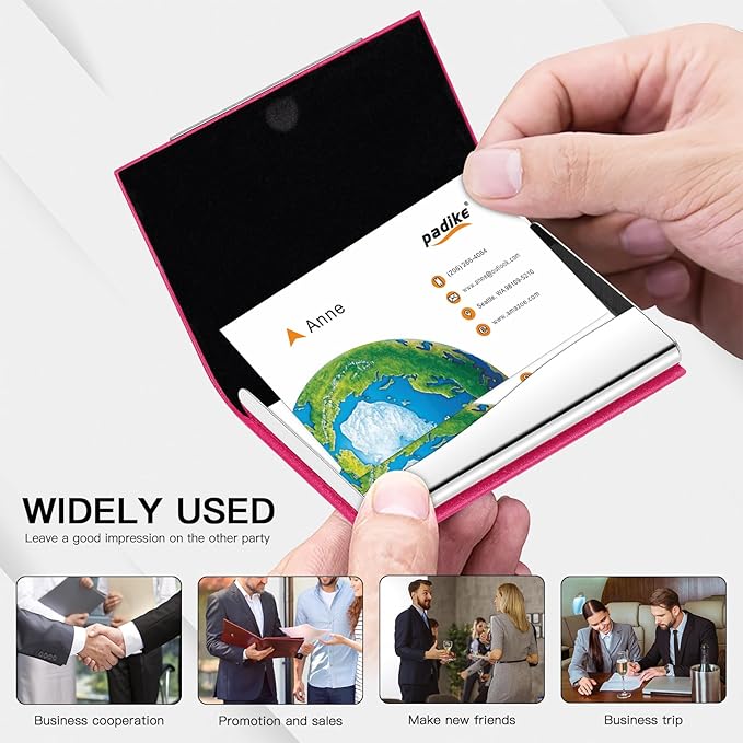 Padike Business Card Holder, Business Card Case Professional PU Leather & Stainless Steel Multi Card Case,Business Card Holder Wallet Credit Card ID Case/Holder for Men & Women. (Rose red)