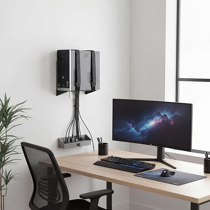 10 x 10 x 6 Inch PC Wall Mount CPU Holder Electronics Support Bracket Metal with Adjustable Strap for Computer, CPU, UPS, Cable Boxes, Tower Mounting Application, Black