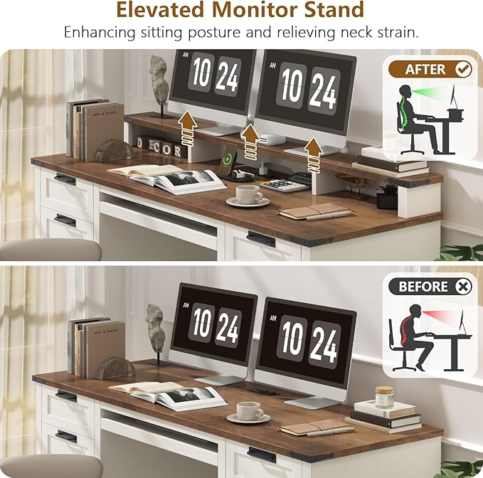 60" Farmhouse Executive Desk with 8 Drawers, Wood Computer Desk with Keyboard Tray and Charging Station, Home Office Desk Writing with File Drawer Fits A4 Size for Work and Study, White and Brown