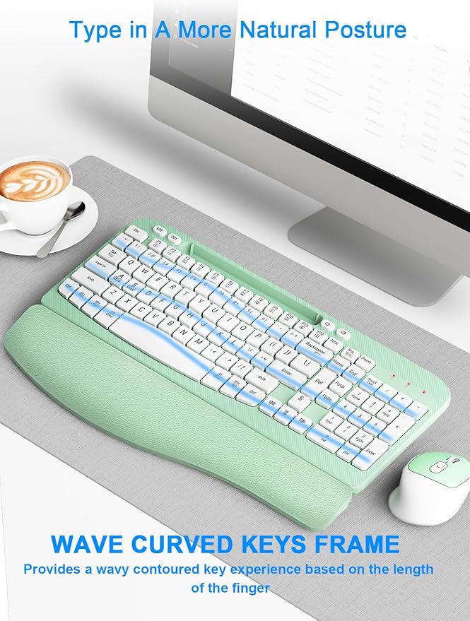 Wireless Keyboard and Mouse Combo, Wave Keys Computer Ergonomic Keyboard with Cushioned Plam Rest, Phone Holder, 2.4GHz Silent 6 Button Wireless Mouse Set for Laptop, PC, Windows, Mac (Mint Green)